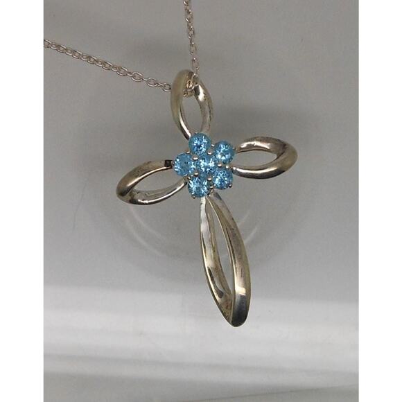 Vintage Sterling Silver Blue Topaz Flower Slide Cross Pendant Necklace Chain - Picture 1 of 10